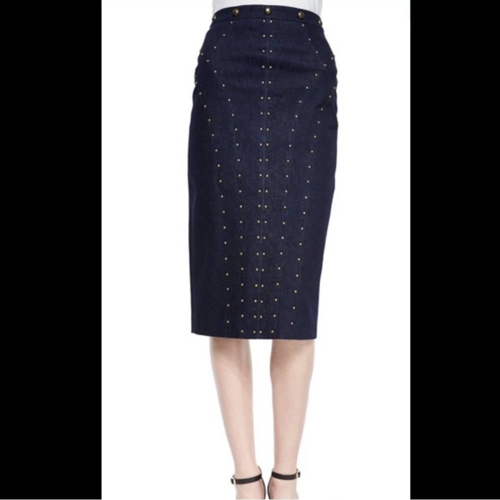 Tamara Mellon indigo denim metal stud Pencil Skirt, size 10